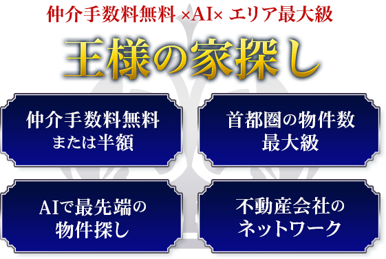 仲介手数料無料×AI×エリア最大級 王様の家探し 仲介手数料無料または半額、首都圏の物件数最大級、AIで最先端の物件探し、不動産会社のネットワーク